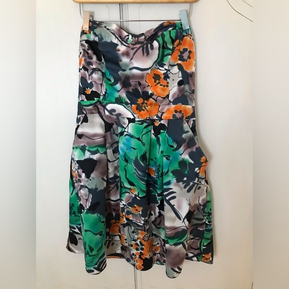 Vintage The Limited Green Orange Satin Strapless Floral Party Mini Dress 10